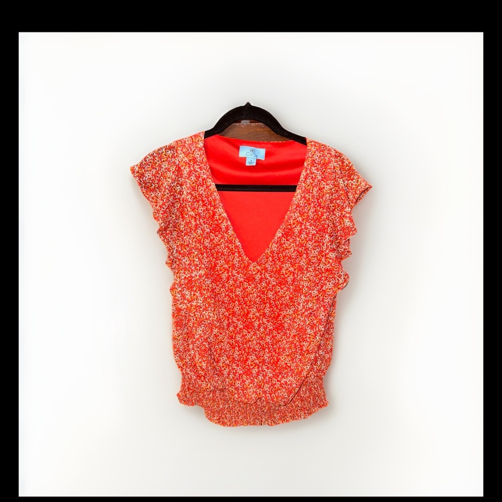 CeCe Coral Red Floral V-Neck Ruffle Sleeve Blouse - Picture 3 of 6